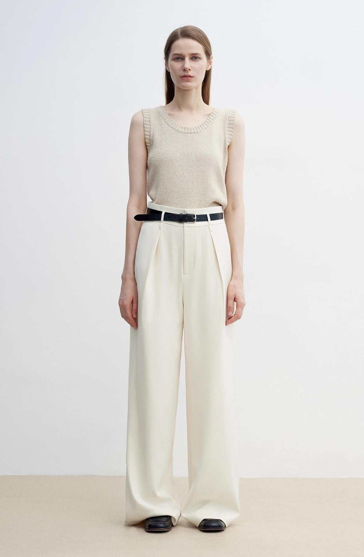 Women's White Straight Casual Wide Waist Drape Floor-Length Wide Leg Pants - Linia One