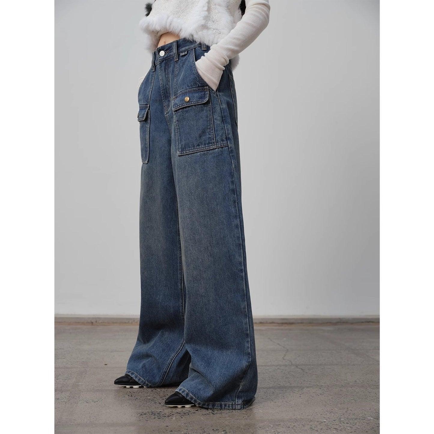 "Silent Deep Sea" Vintage Blue Jeans, Loose High-Waisted Pants - Linia One
