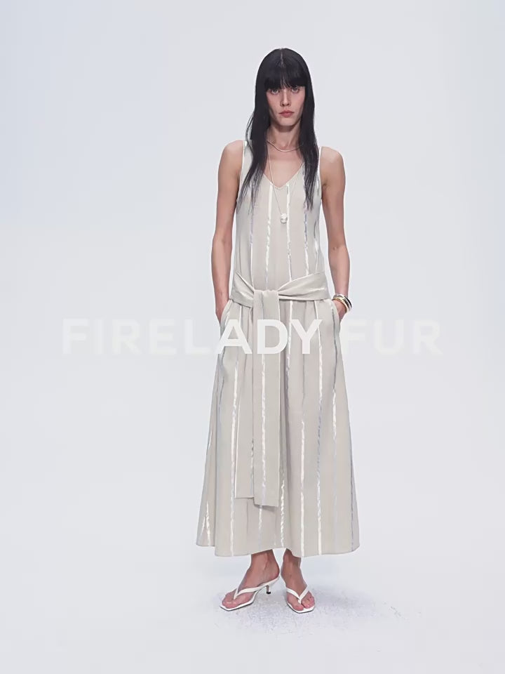 "Milan Holiday" Silver Striped Linen V-Neck Drape Dress - Linia One