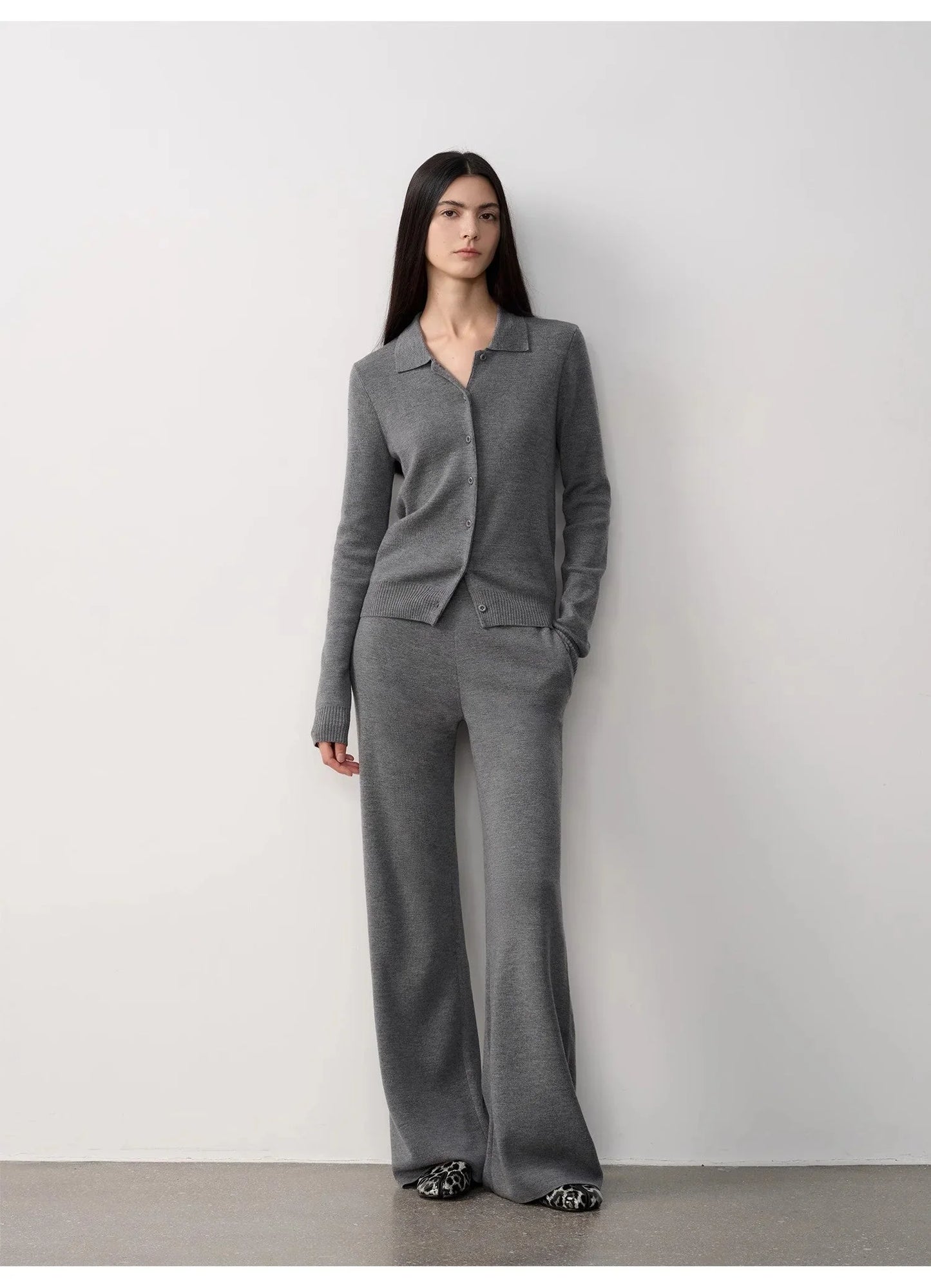 "Lazy Urban" Yangtze Merino Wool Polo-Neck Cardigan Straight-Leg Pants Suit - Linia One