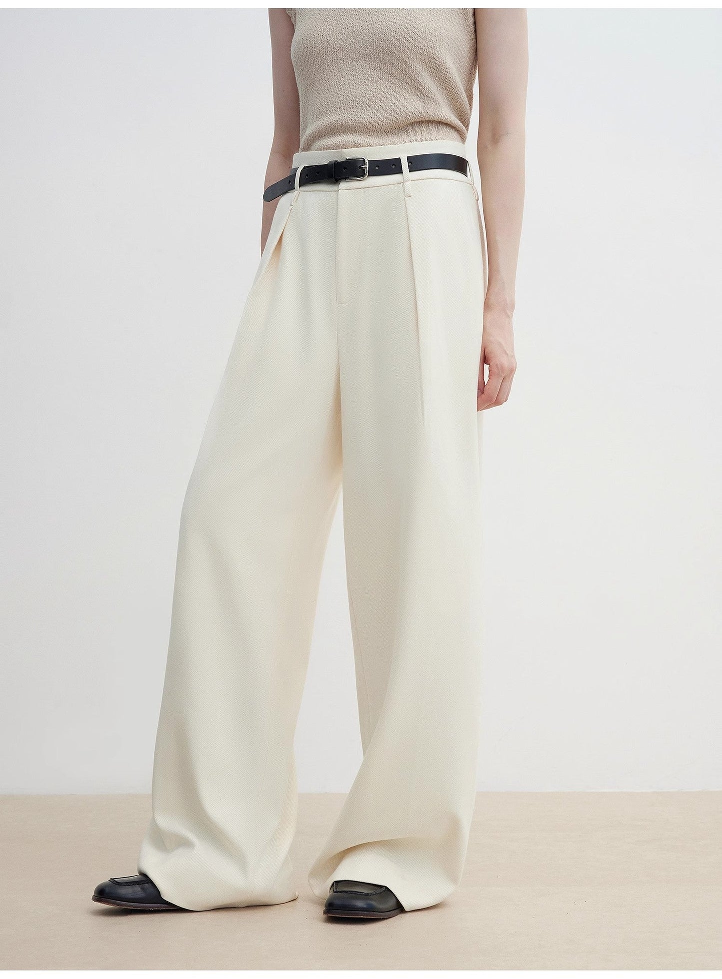 Women's White Straight Casual Wide Waist Drape Floor-Length Wide Leg Pants - Linia One