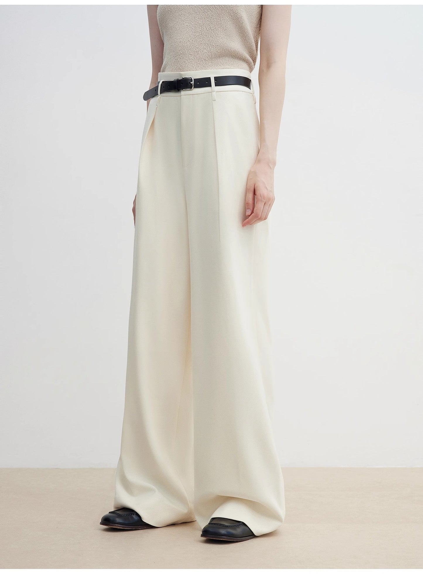 Women's White Straight Casual Wide Waist Drape Floor-Length Wide Leg Pants - Linia One