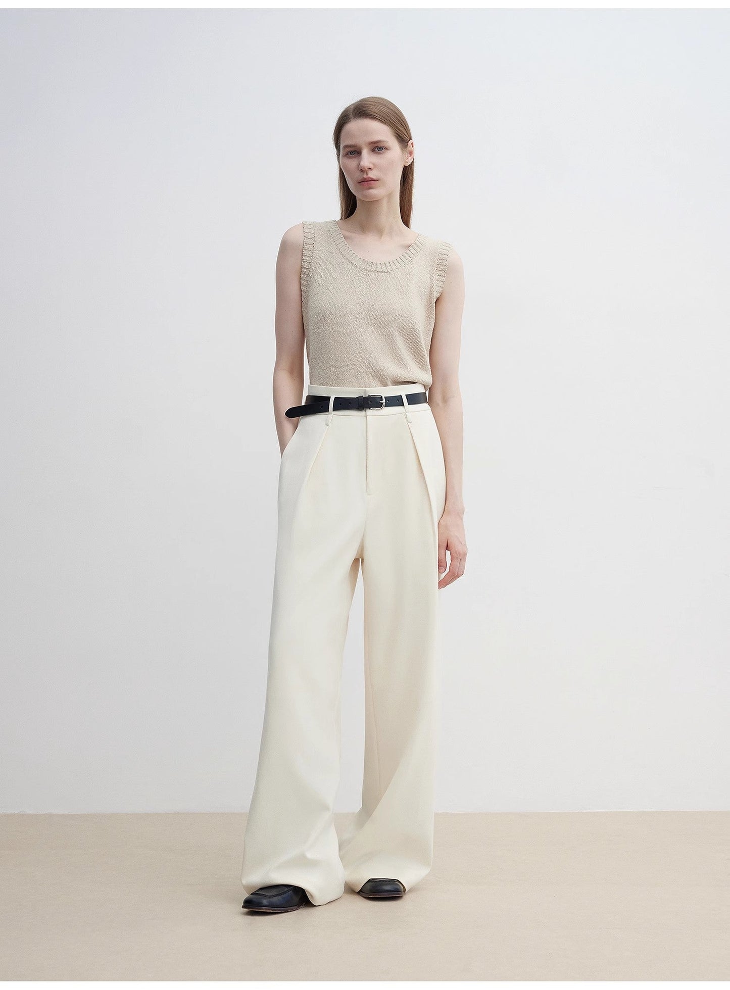 Women's White Straight Casual Wide Waist Drape Floor-Length Wide Leg Pants - Linia One