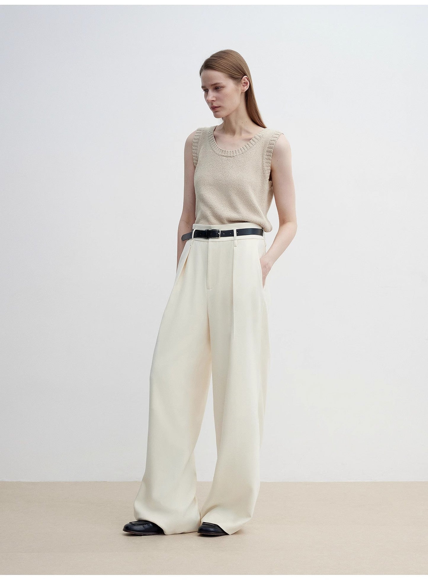 Women's White Straight Casual Wide Waist Drape Floor-Length Wide Leg Pants - Linia One