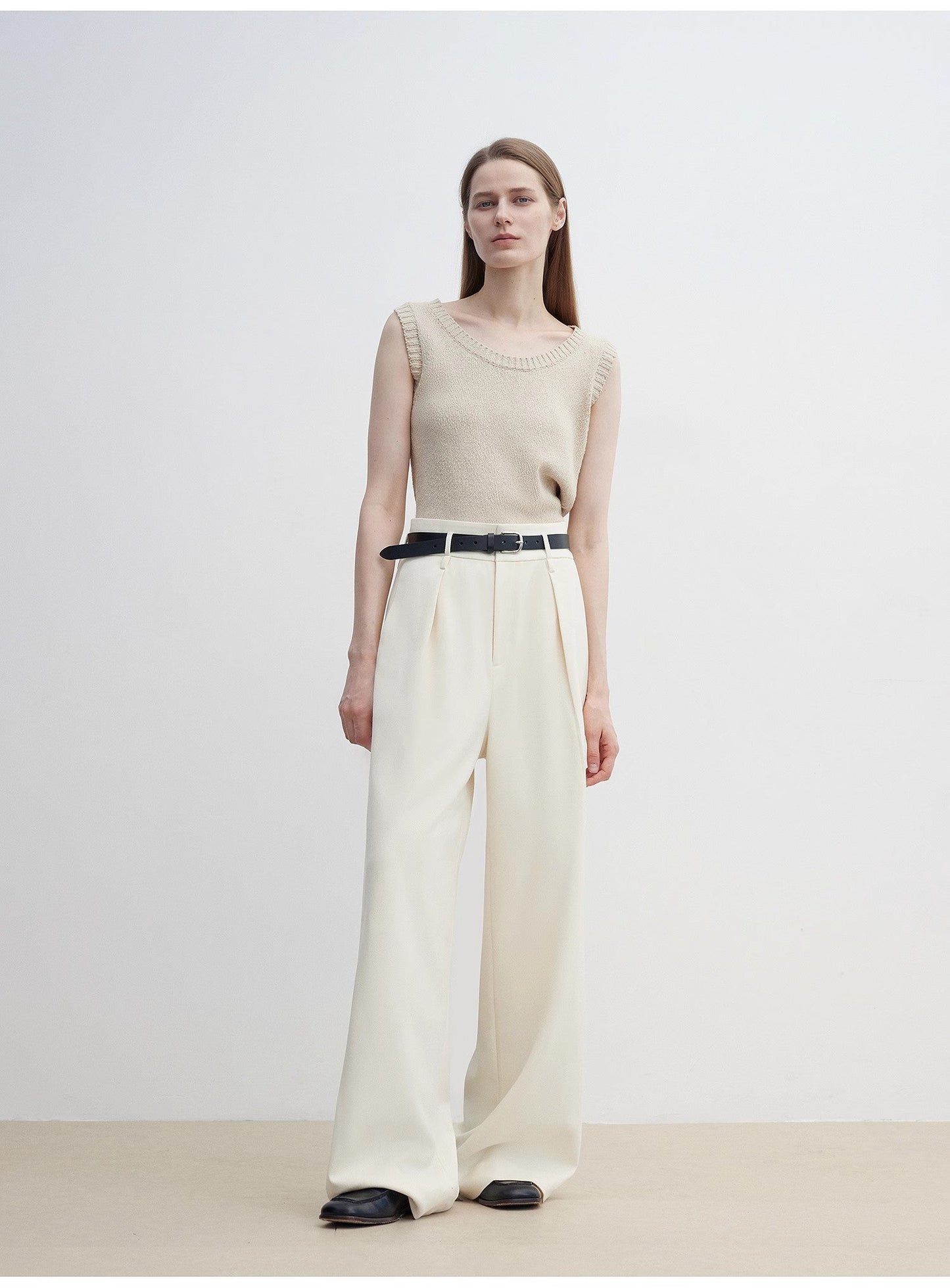 Women's White Straight Casual Wide Waist Drape Floor-Length Wide Leg Pants - Linia One