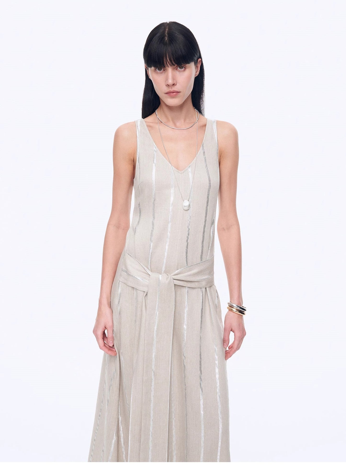 "Milan Holiday" Silver Striped Linen V-Neck Drape Dress - Linia One