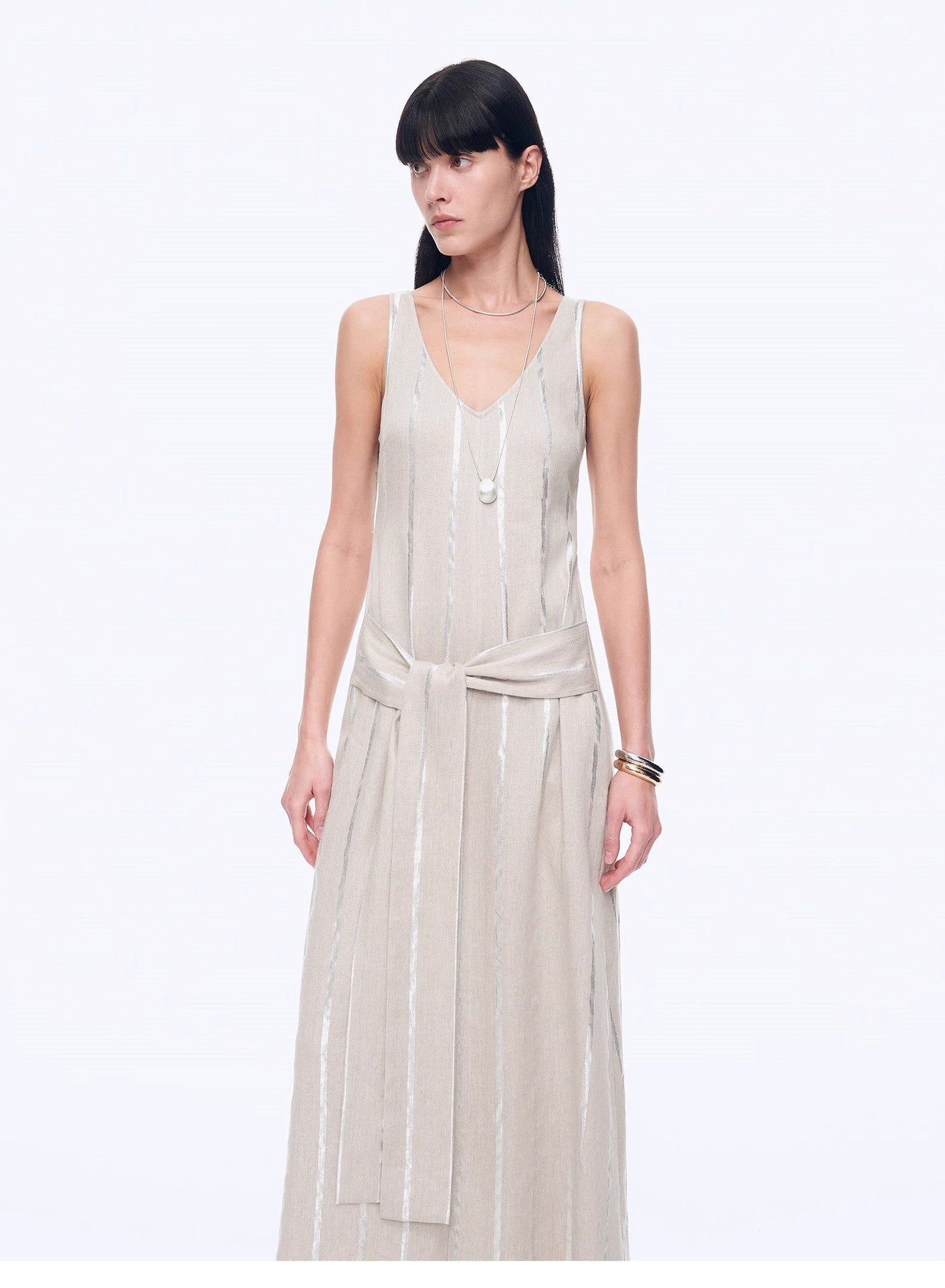 "Milan Holiday" Silver Striped Linen V-Neck Drape Dress - Linia One