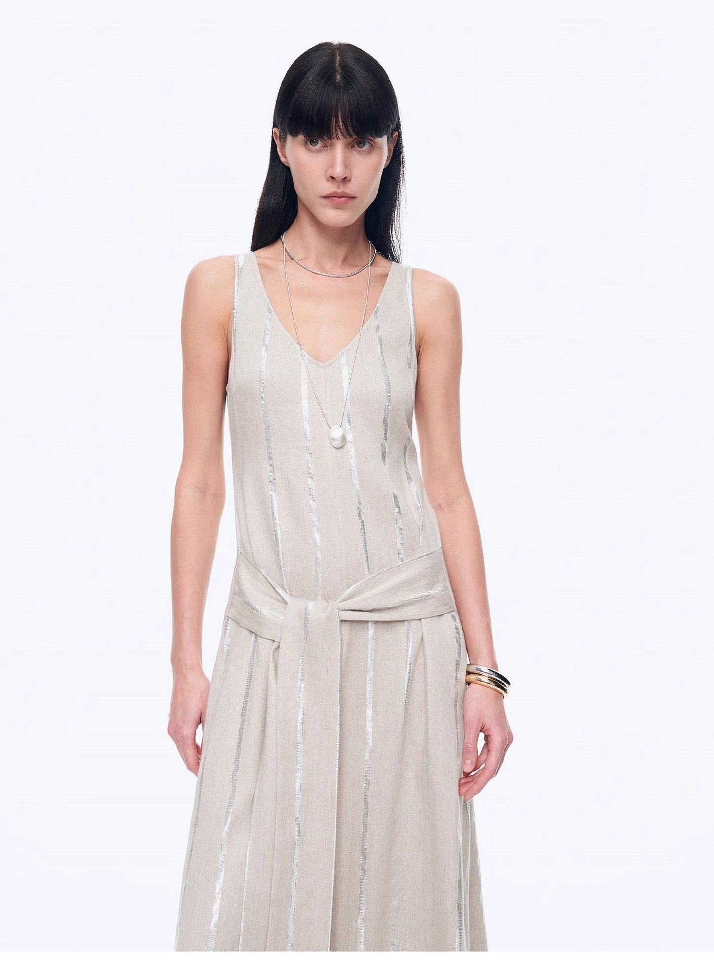"Milan Holiday" Silver Striped Linen V-Neck Drape Dress - Linia One