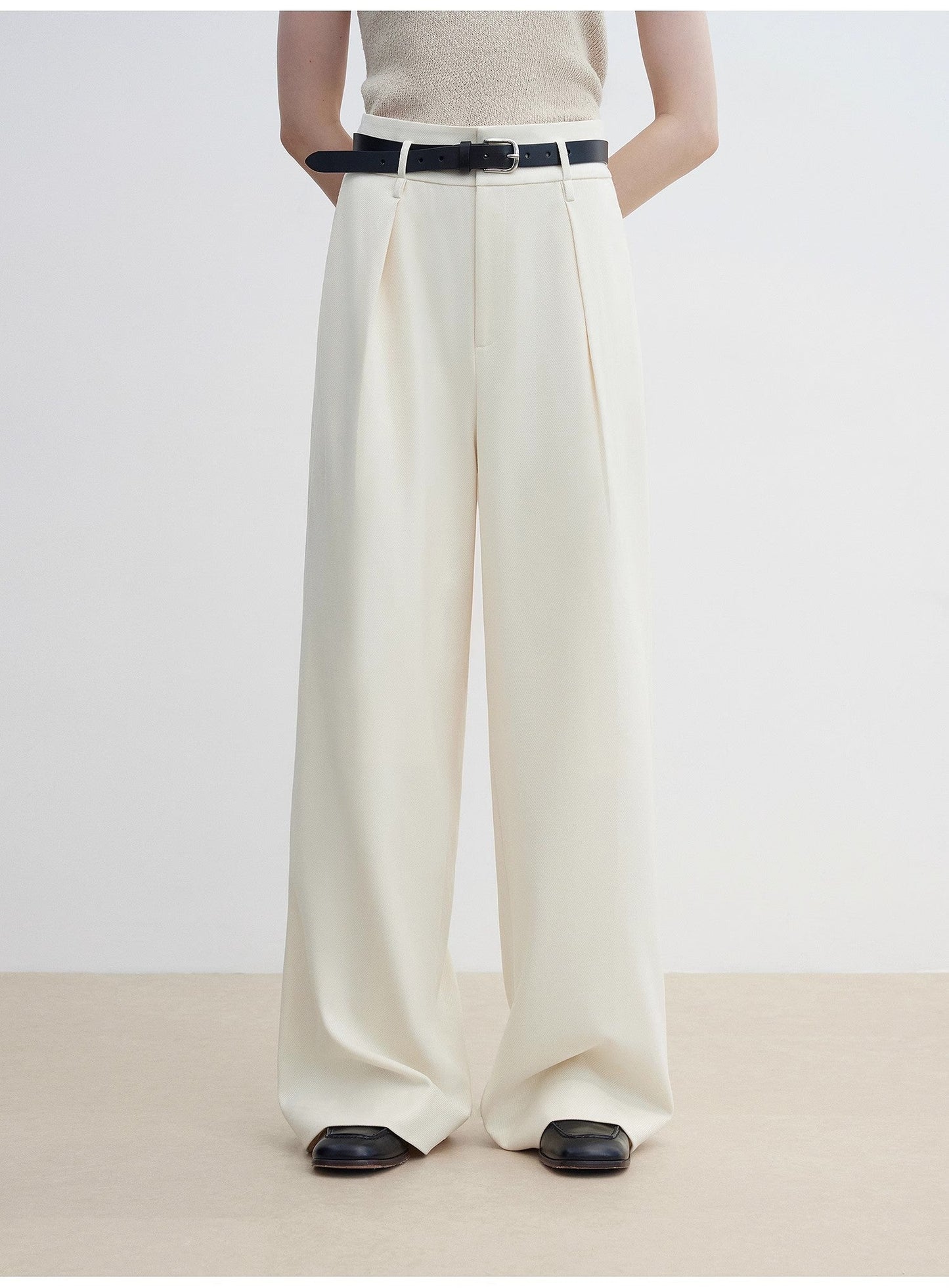Women's White Straight Casual Wide Waist Drape Floor-Length Wide Leg Pants - Linia One