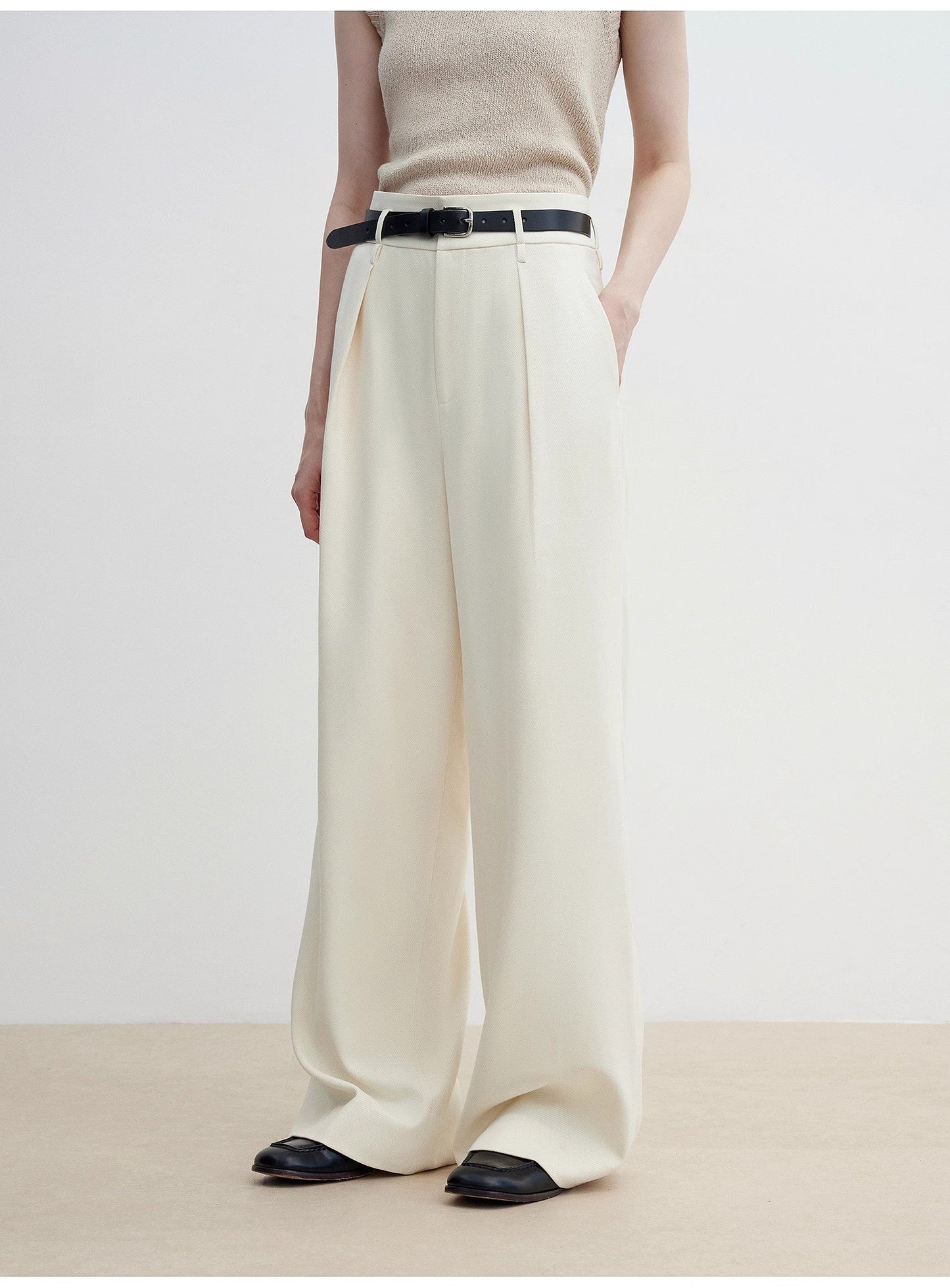 Women's White Straight Casual Wide Waist Drape Floor-Length Wide Leg Pants - Linia One