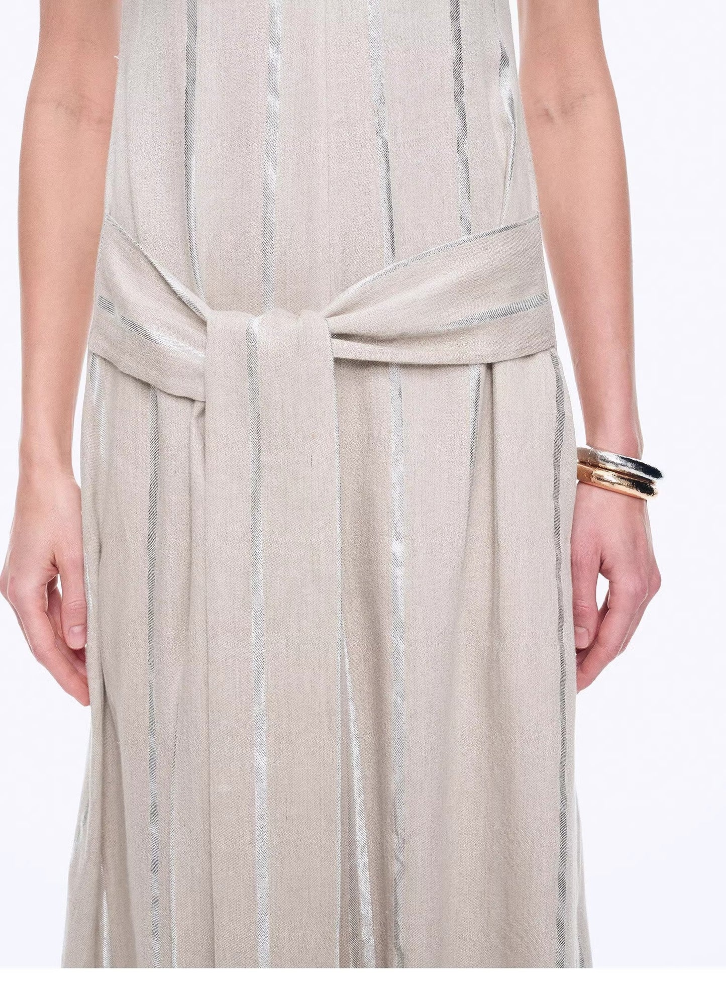 "Milan Holiday" Silver Striped Linen V-Neck Drape Dress - Linia One