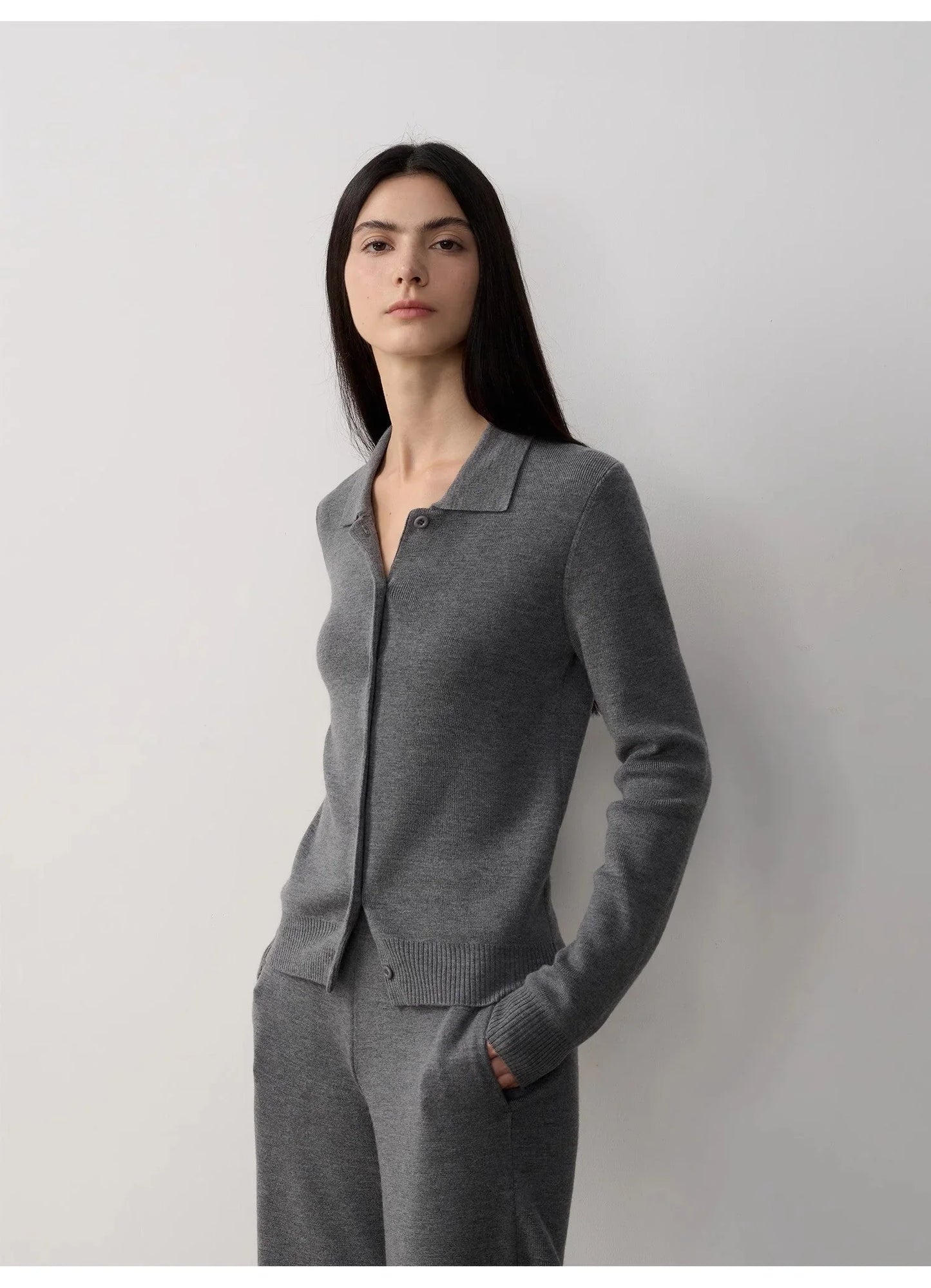 "Lazy Urban" Yangtze Merino Wool Polo-Neck Cardigan Straight-Leg Pants Suit - Linia One