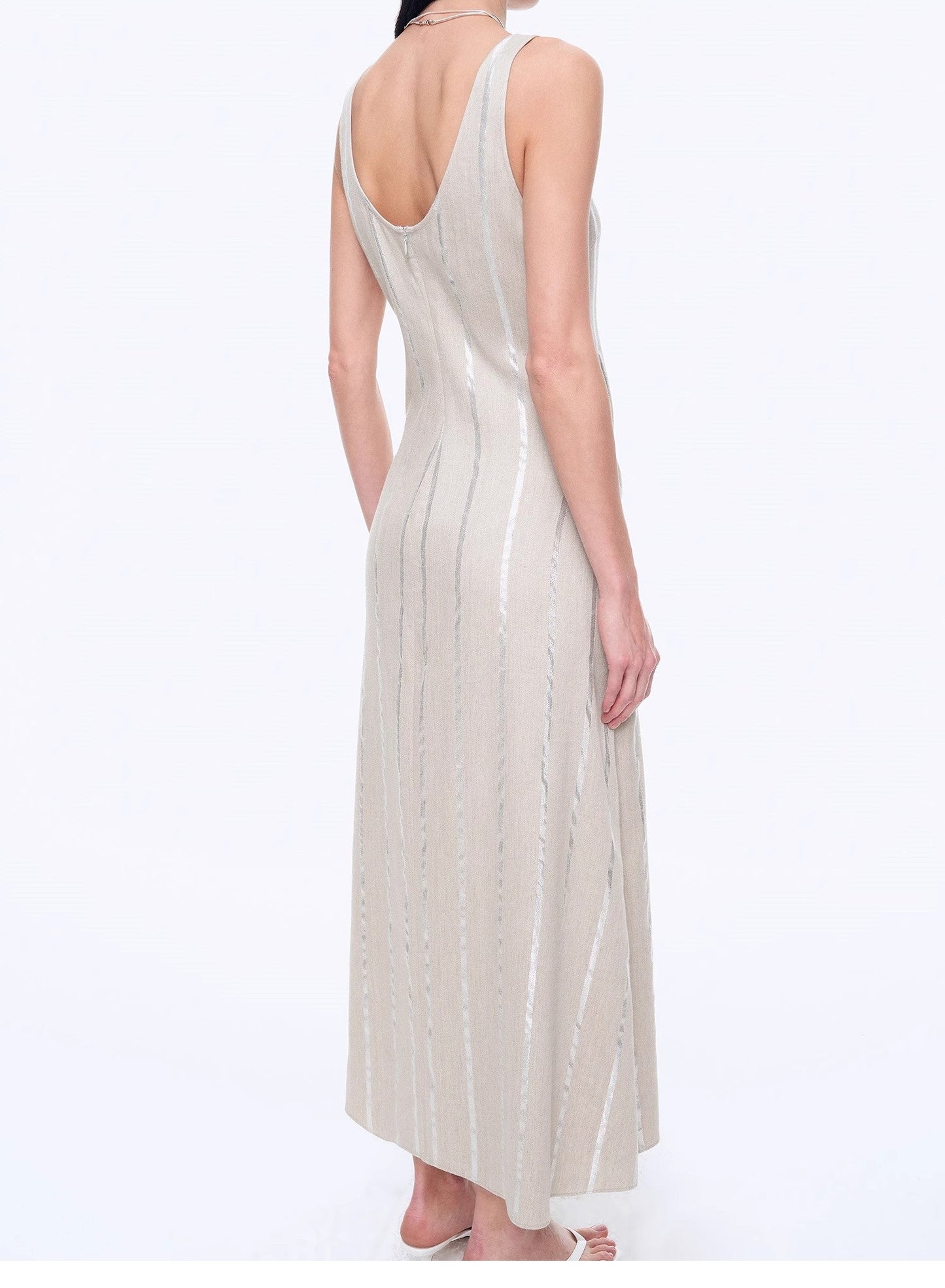 "Milan Holiday" Silver Striped Linen V-Neck Drape Dress - Linia One