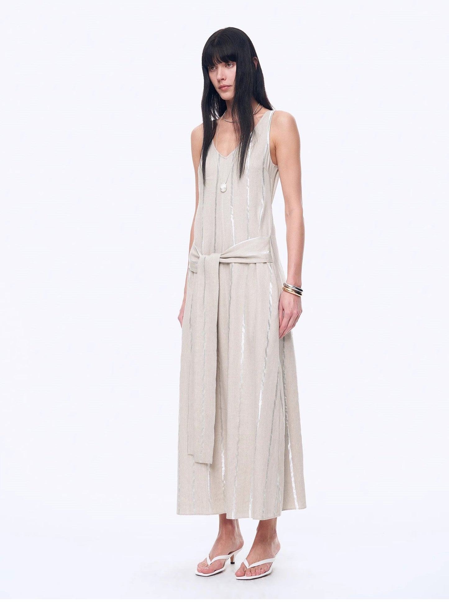 "Milan Holiday" Silver Striped Linen V-Neck Drape Dress - Linia One
