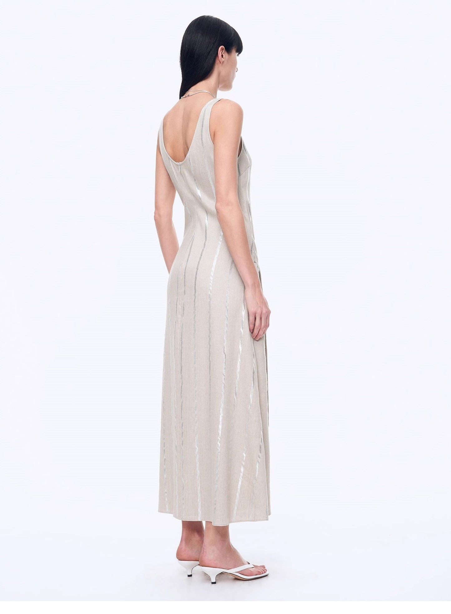 "Milan Holiday" Silver Striped Linen V-Neck Drape Dress - Linia One