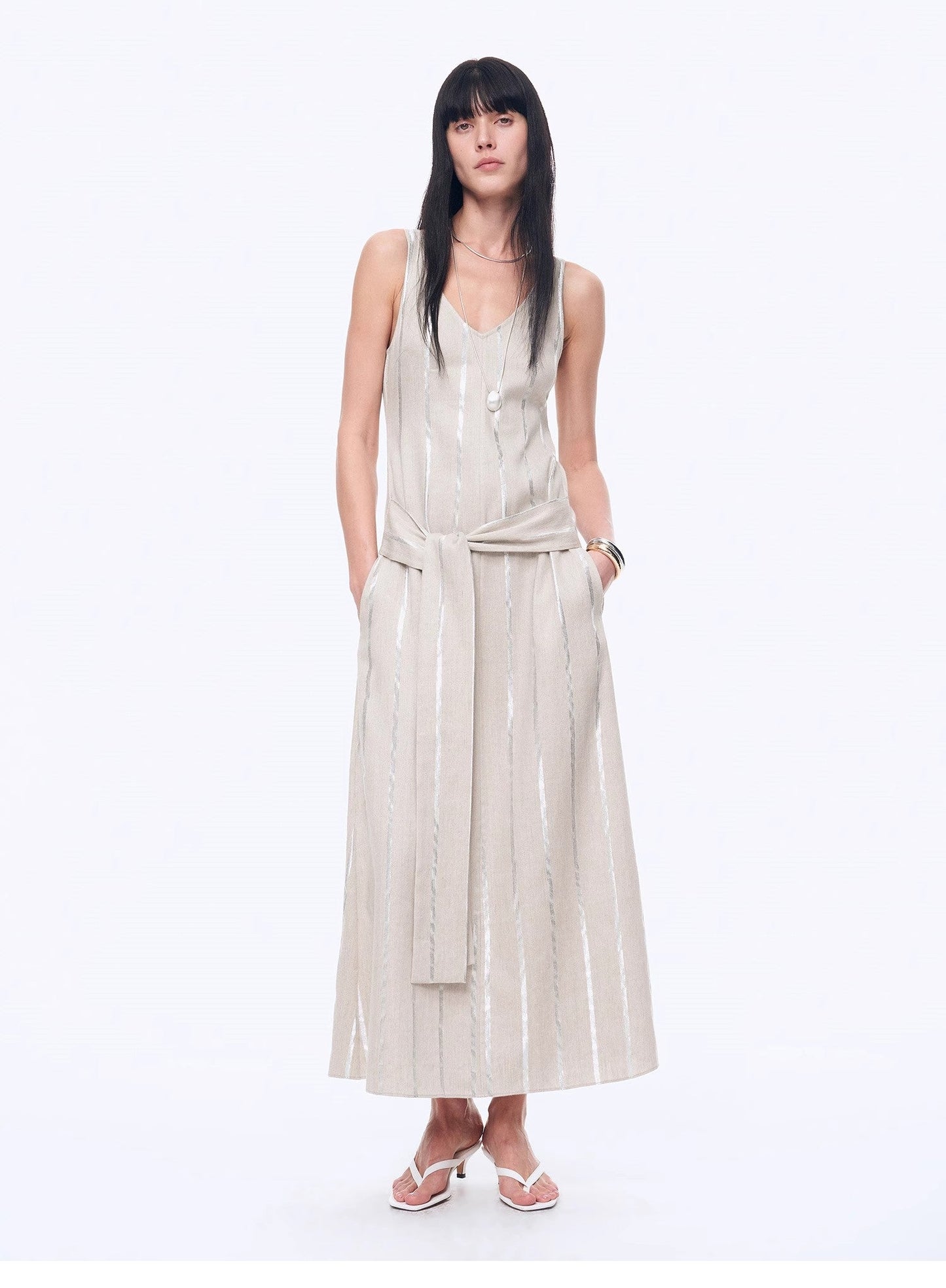 "Milan Holiday" Silver Striped Linen V-Neck Drape Dress - Linia One