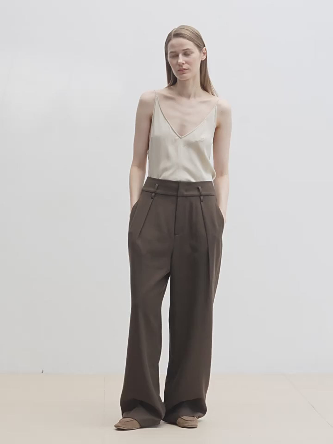 Women's White Straight Casual Wide Waist Drape Floor-Length Wide Leg Pants - Linia One