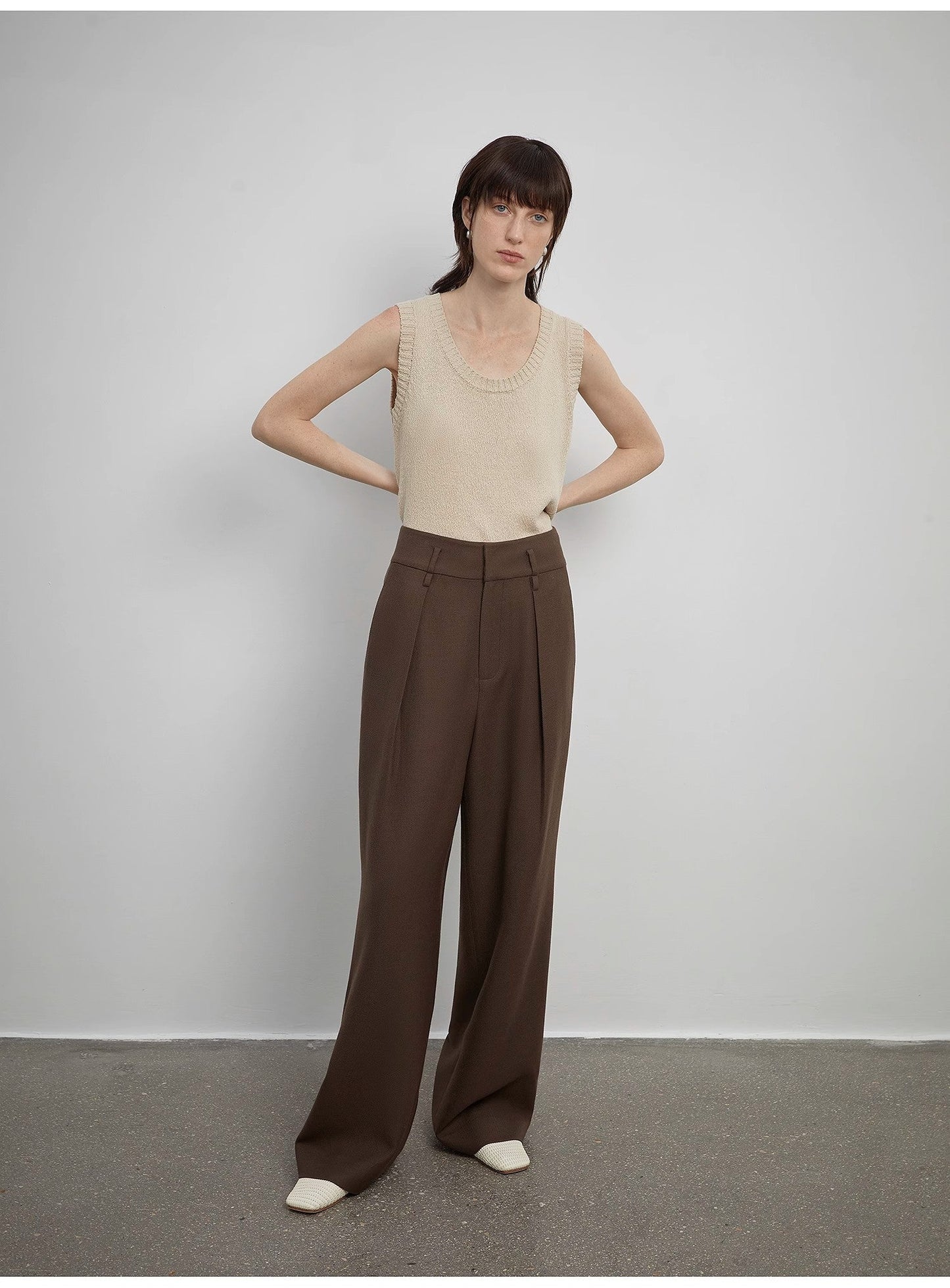 Women's White Straight Casual Wide Waist Drape Floor-Length Wide Leg Pants - Linia One