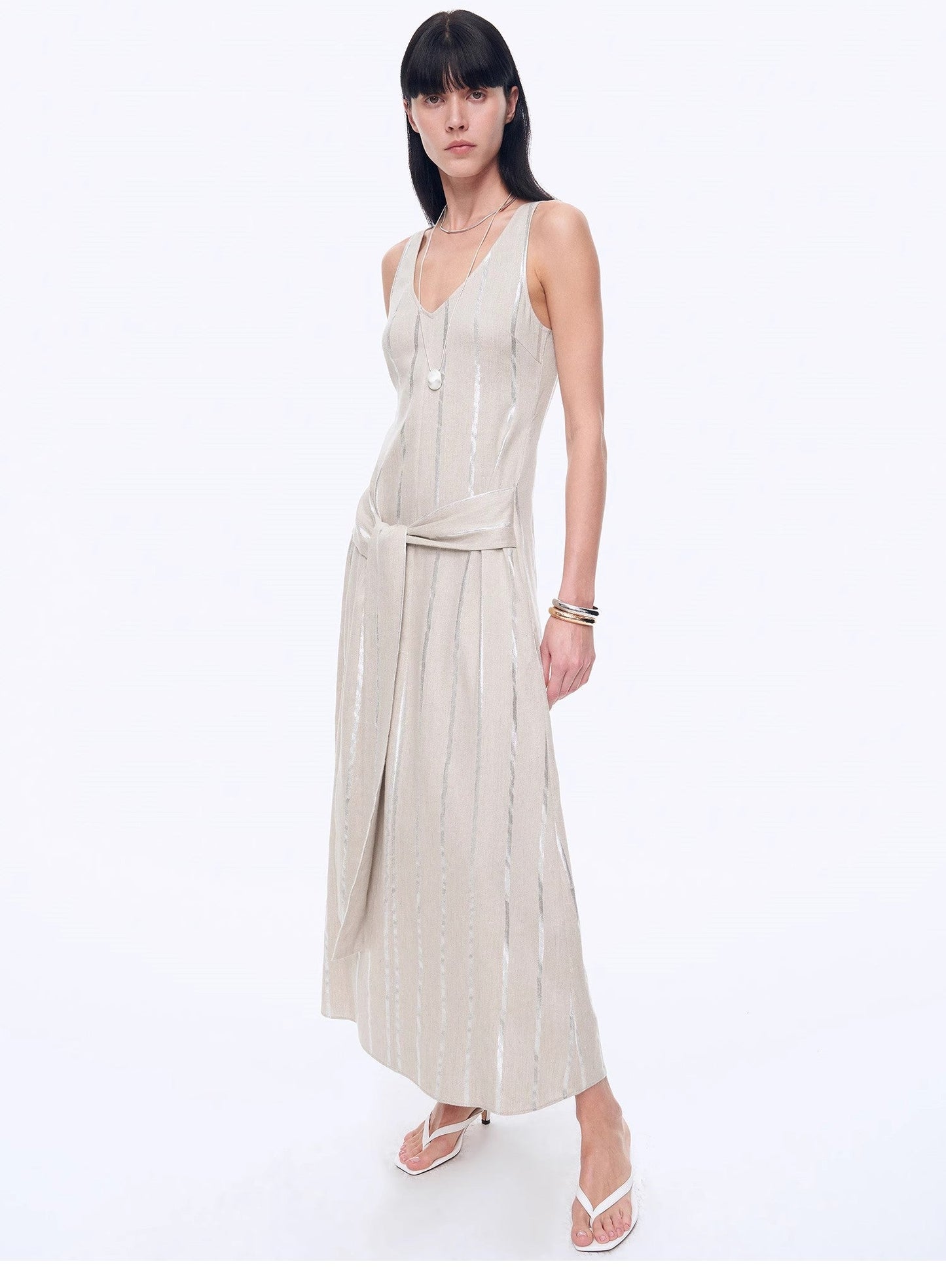 "Milan Holiday" Silver Striped Linen V-Neck Drape Dress - Linia One