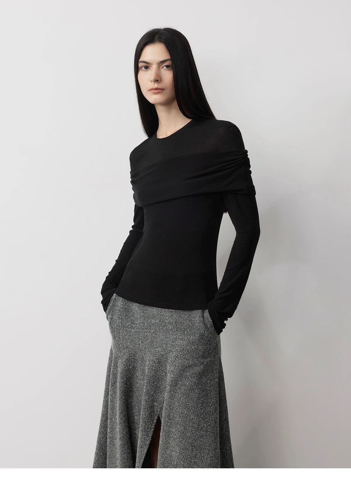 "Modern Tricks" Personalized Tencel Wool Layered One-Shoulder Knitted Top. - Linia One