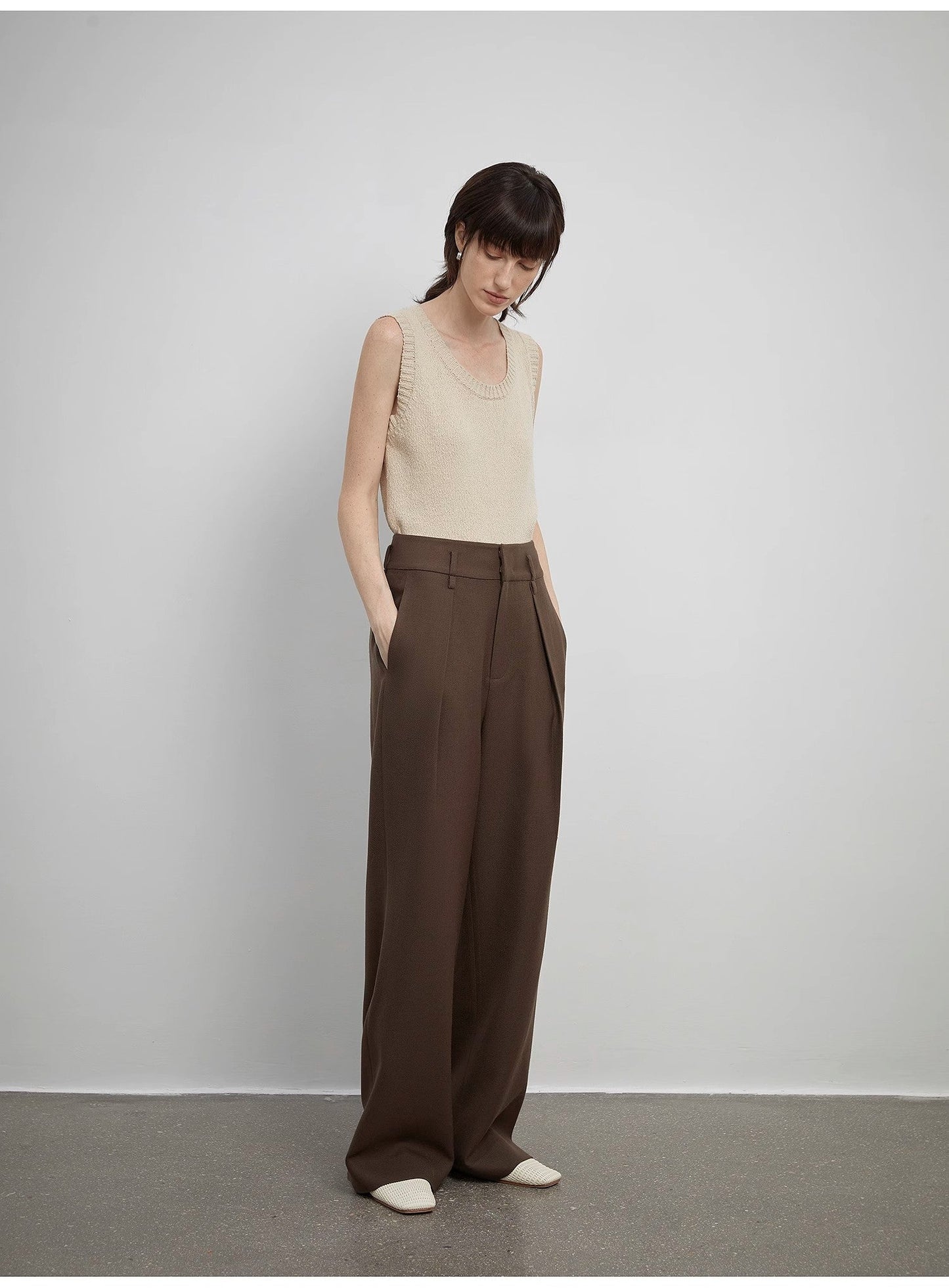 Women's White Straight Casual Wide Waist Drape Floor-Length Wide Leg Pants - Linia One