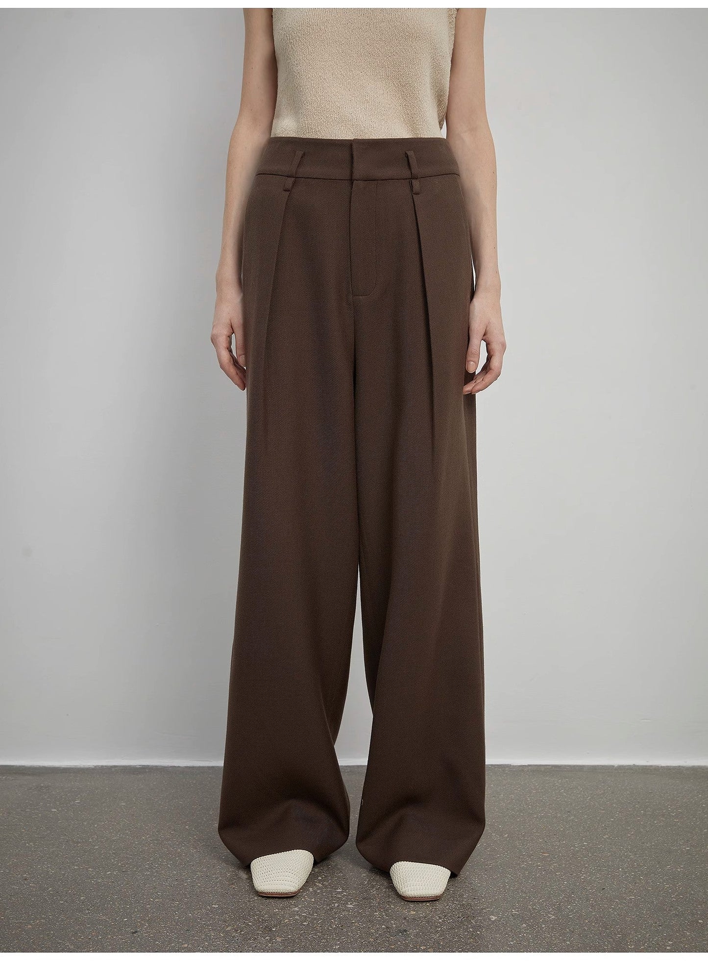 Women's White Straight Casual Wide Waist Drape Floor-Length Wide Leg Pants - Linia One
