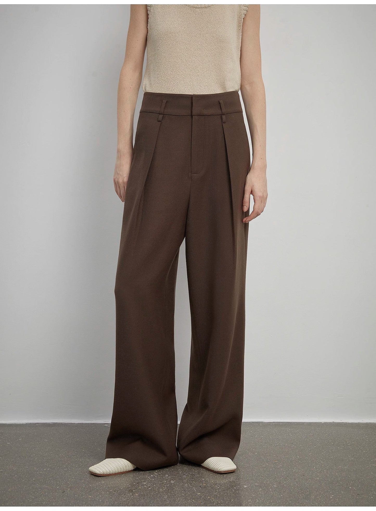 Women's White Straight Casual Wide Waist Drape Floor-Length Wide Leg Pants - Linia One