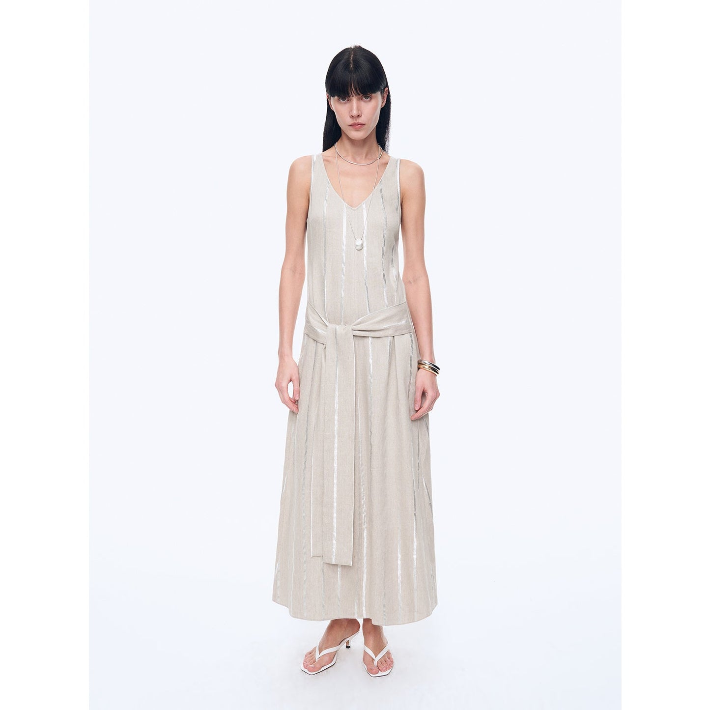 "Milan Holiday" Silver Striped Linen V-Neck Drape Dress - Linia One