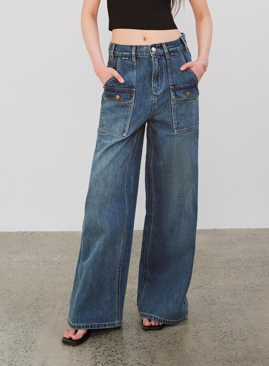 "Silent Deep Sea" Vintage Blue Jeans, Loose High-Waisted Pants - Linia One