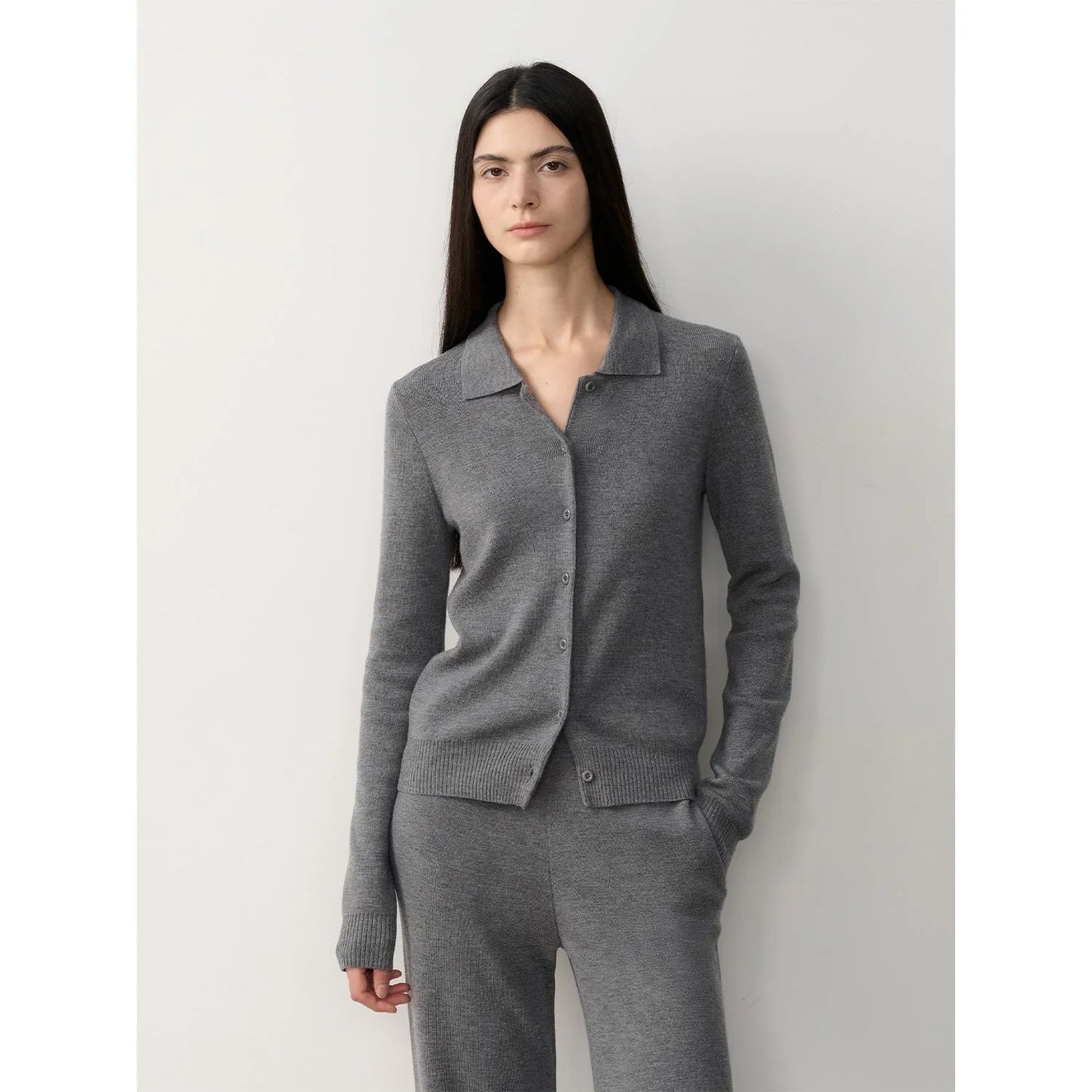 "Lazy Urban" Yangtze Merino Wool Polo-Neck Cardigan Straight-Leg Pants Suit - Linia One