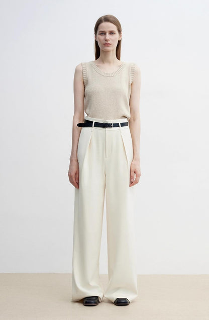Women's White Straight Casual Wide Waist Drape Floor-Length Wide Leg Pants - Linia One