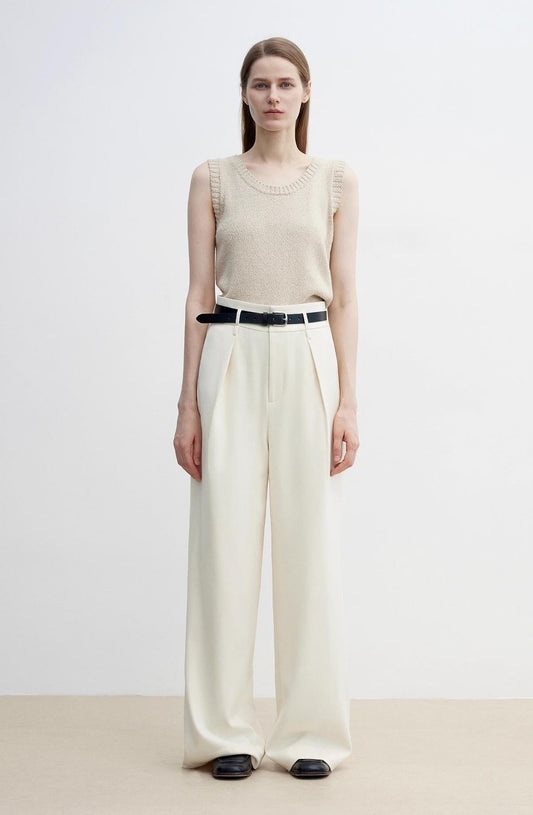 Women's White Straight Casual Wide Waist Drape Floor-Length Wide Leg Pants - Linia One