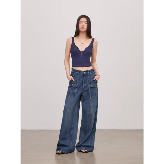 "Silent Deep Sea" Vintage Blue Jeans, Loose High-Waisted Pants - Linia One