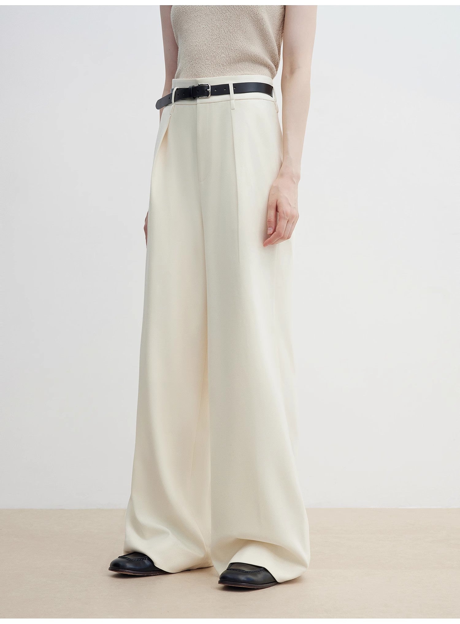 Women's White Straight Casual Wide Waist Drape Floor-Length Wide Leg Pants - Linia One