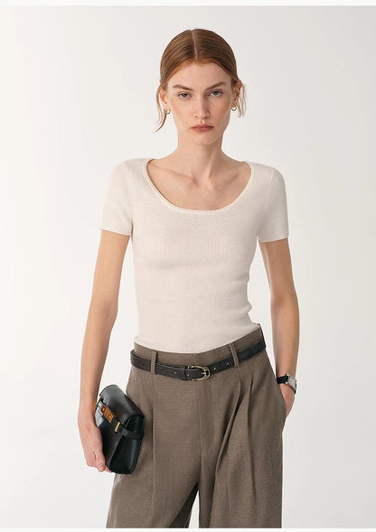 LINDIS Wool Mulberry Silk Classic Short-Sleeved Round Neck T-Shirt for Women - Linia One