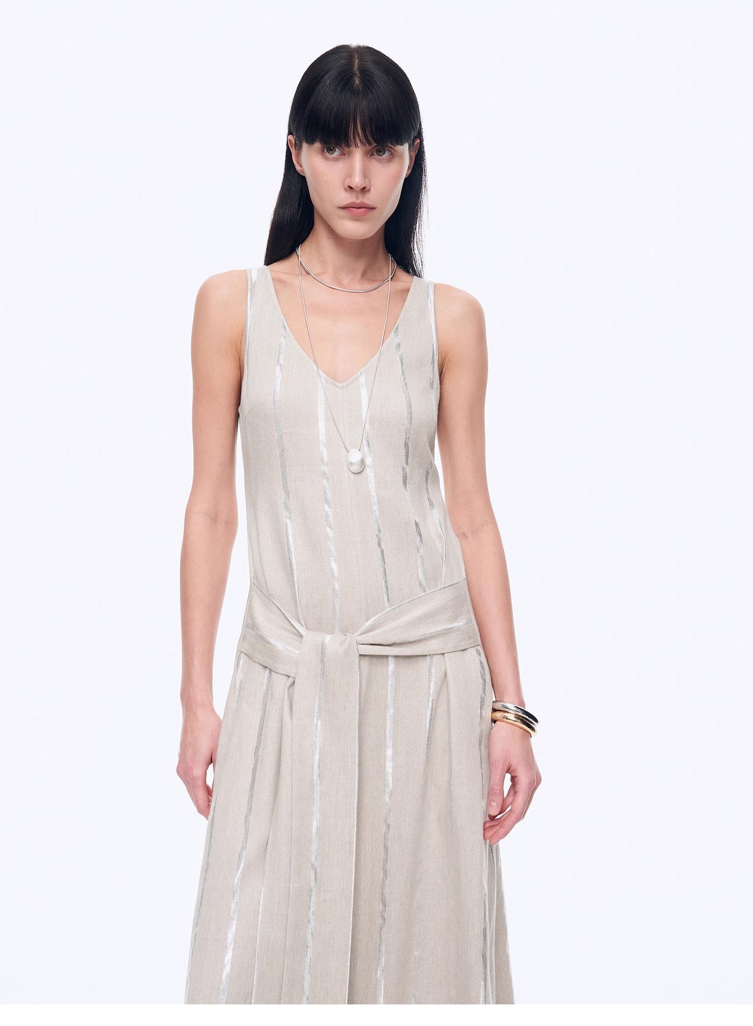 "Milan Holiday" Silver Striped Linen V-Neck Drape Dress - Linia One