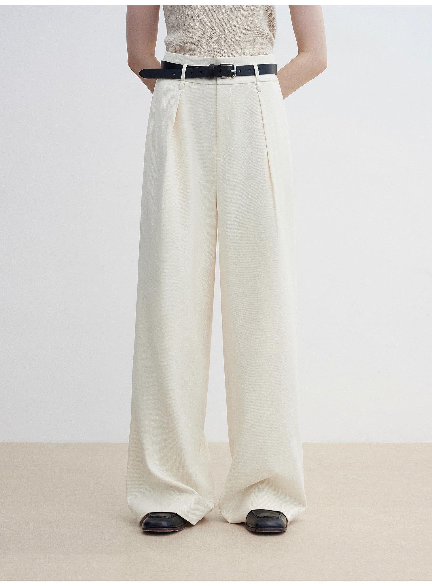 Women's White Straight Casual Wide Waist Drape Floor-Length Wide Leg Pants - Linia One