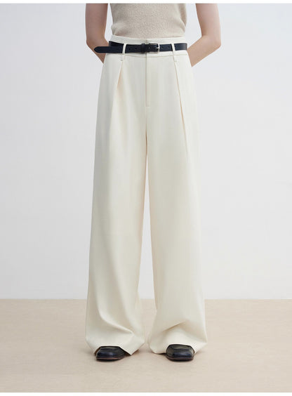 Women's White Straight Casual Wide Waist Drape Floor-Length Wide Leg Pants - Linia One