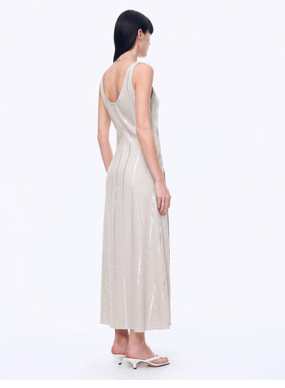 "Milan Holiday" Silver Striped Linen V-Neck Drape Dress - Linia One