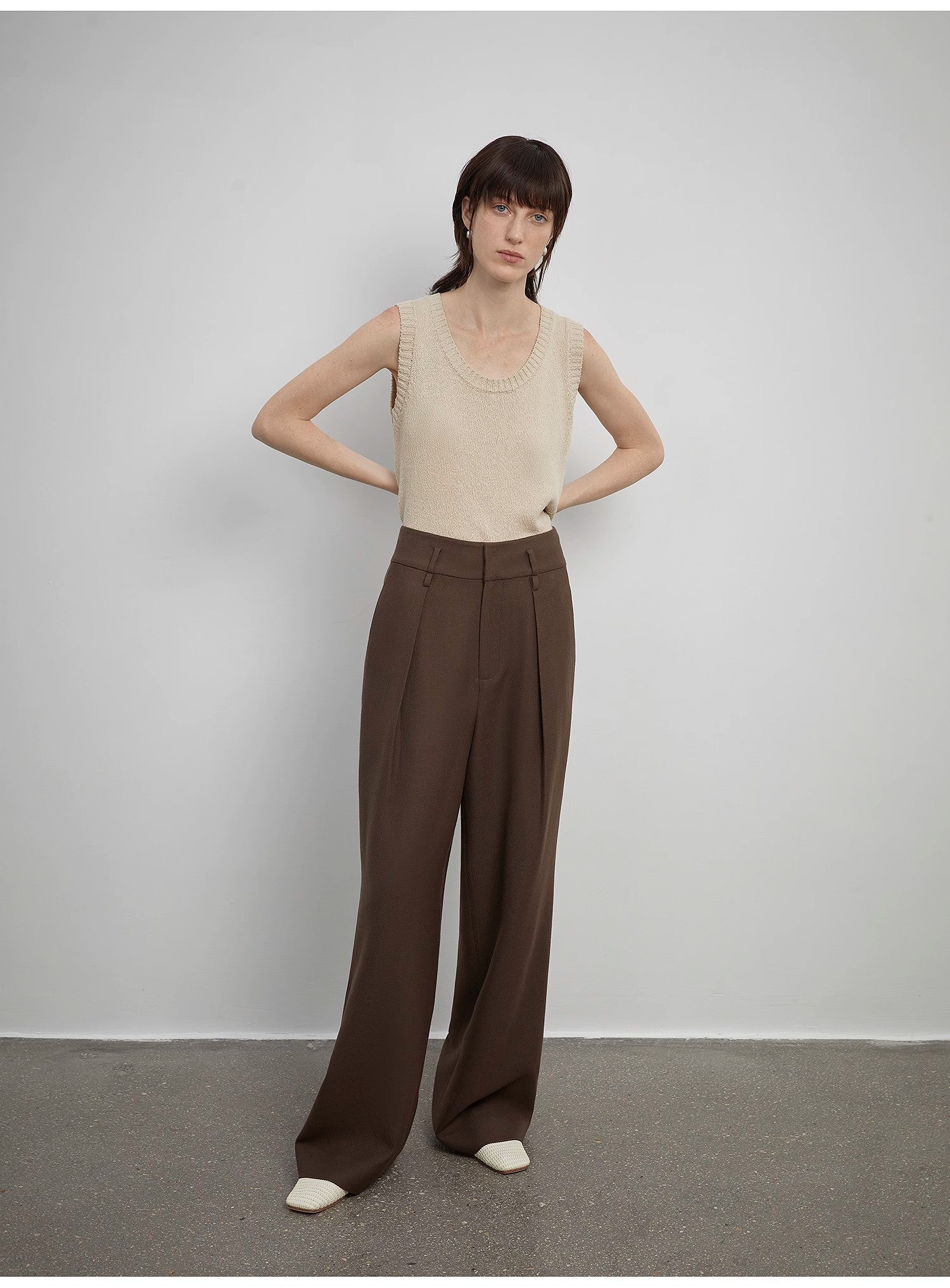 Women's White Straight Casual Wide Waist Drape Floor-Length Wide Leg Pants - Linia One