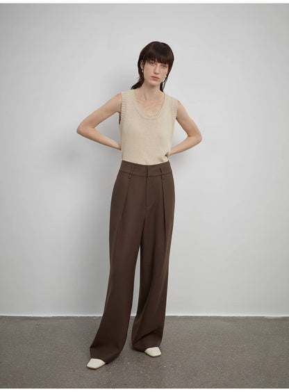 Women's White Straight Casual Wide Waist Drape Floor-Length Wide Leg Pants - Linia One