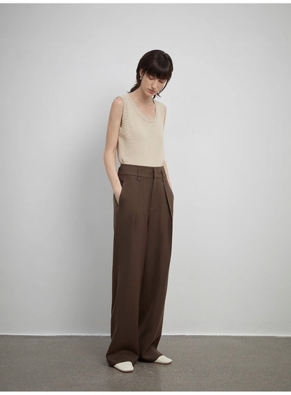 Women's White Straight Casual Wide Waist Drape Floor-Length Wide Leg Pants - Linia One