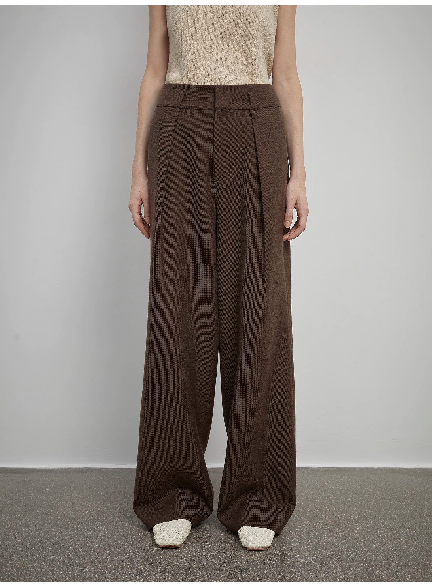 Women's White Straight Casual Wide Waist Drape Floor-Length Wide Leg Pants - Linia One