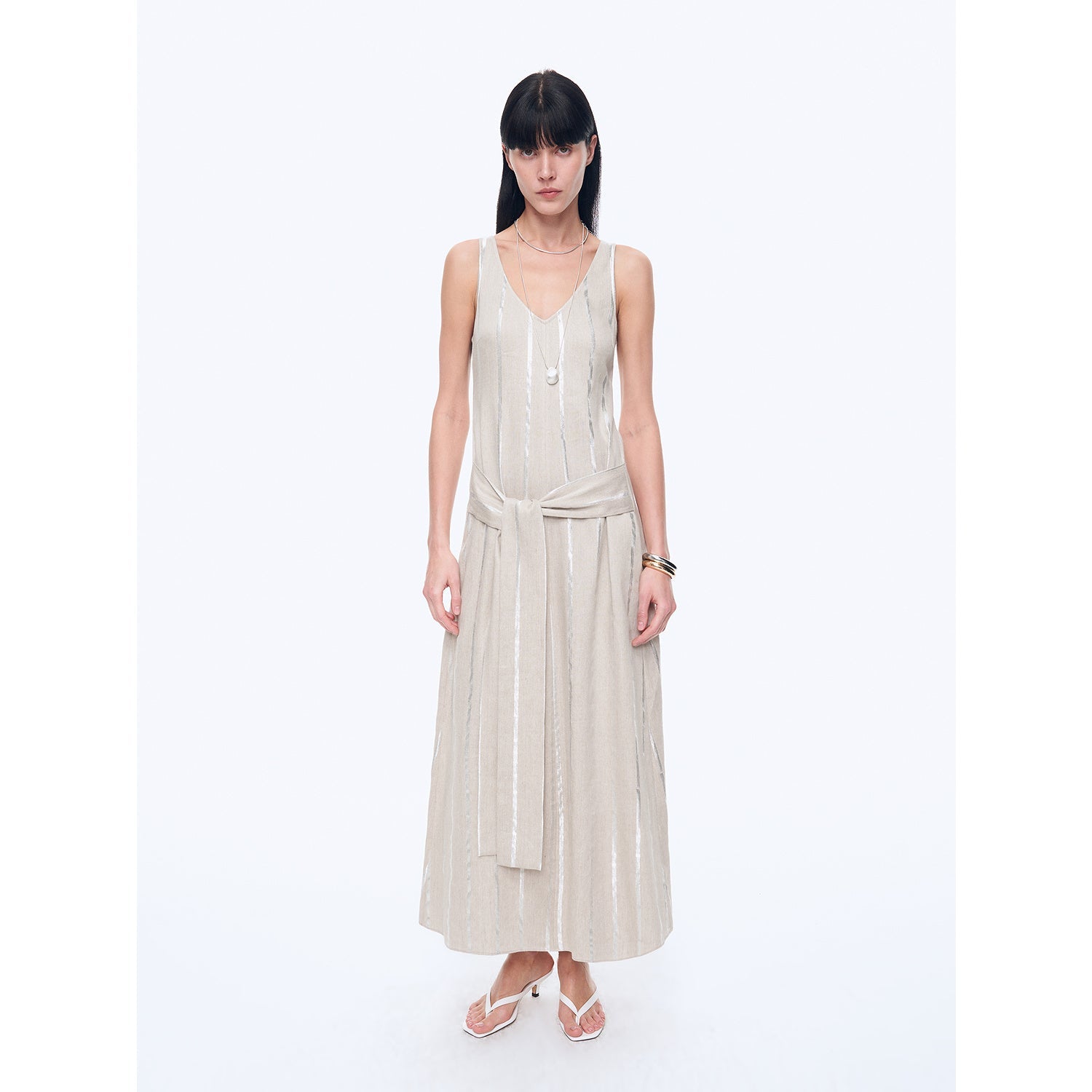 "Milan Holiday" Silver Striped Linen V-Neck Drape Dress - Linia One
