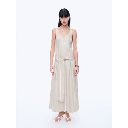 "Milan Holiday" Silver Striped Linen V-Neck Drape Dress - Linia One