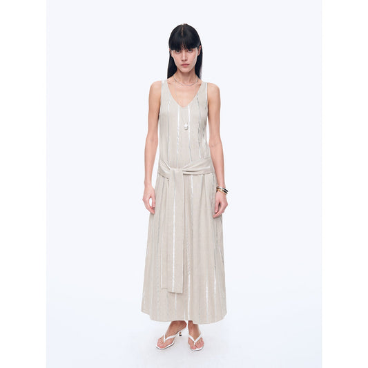"Milan Holiday" Silver Striped Linen V-Neck Drape Dress - Linia One