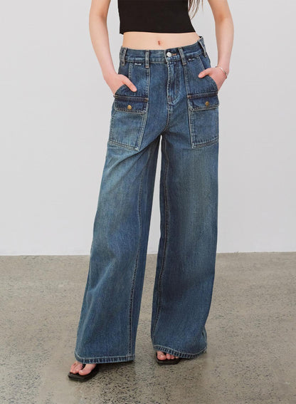"Silent Deep Sea" Vintage Blue Jeans, Loose High-Waisted Pants - Linia One