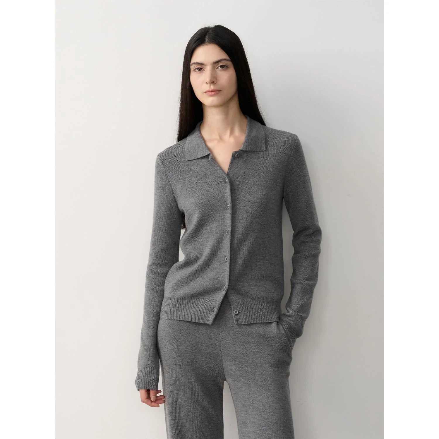 "Lazy Urban" Yangtze Merino Wool Polo-Neck Cardigan Straight-Leg Pants Suit - Linia One