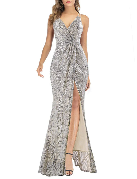 A ARFAR Prom Dress for Women Glitter Evening Party Dress V-Neck Ladies Sexy Split Dress Formal Cocktail Gowns Women Sphagetti Strap Wedding Dress Bodycon Graduation Dress Silver Nude XL